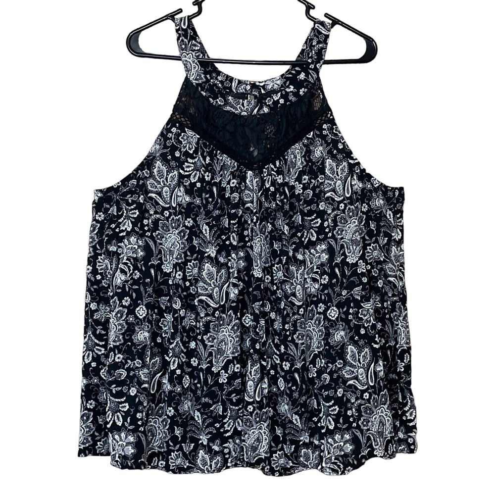 Torrid Challis Lace Trim Goddess Neck Tank Top Black White Floral Lace SZ 1 1X